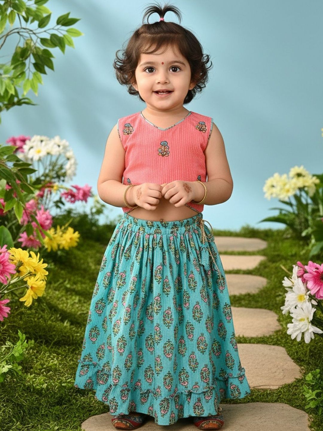 Sangria Girls Green Printed Lehenga With Peach Embroidered Top