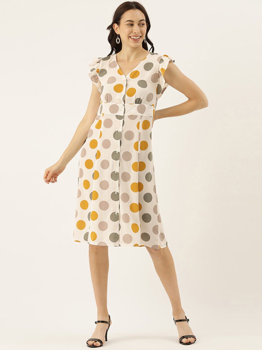 PINACOLADA Women Off-White & Mustard Yellow Polka Dots Printed A-Line Dress