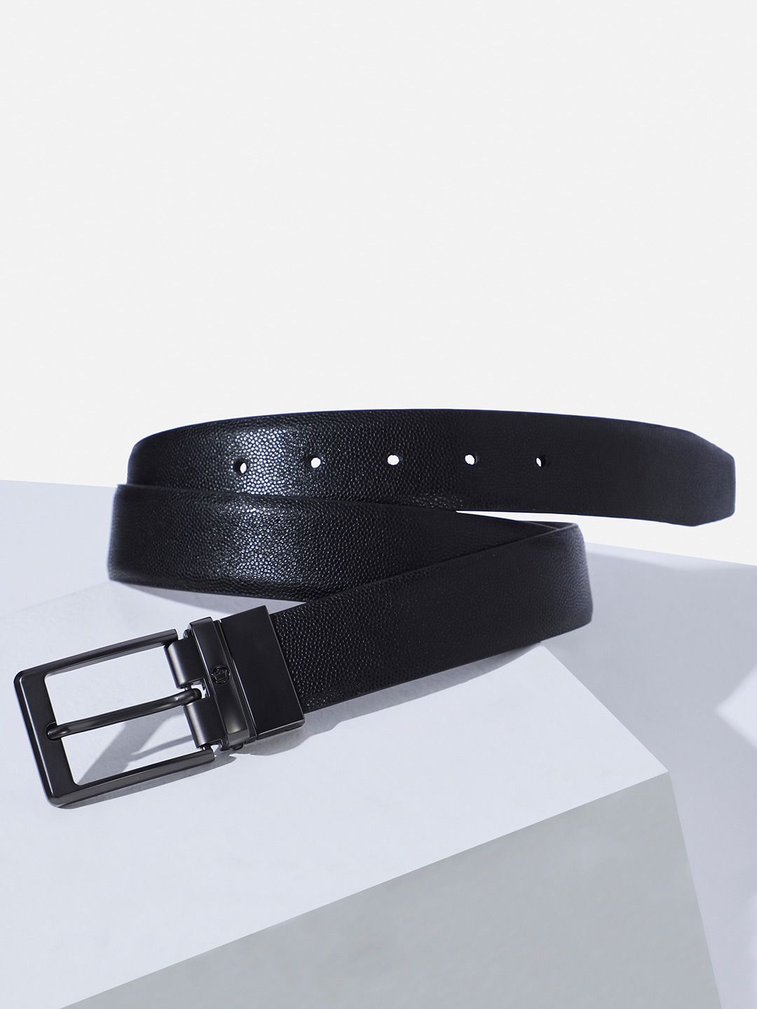 Louis Philippe Men Italian Leather Matt Gun Metal Buckle Formal Reversible Belt