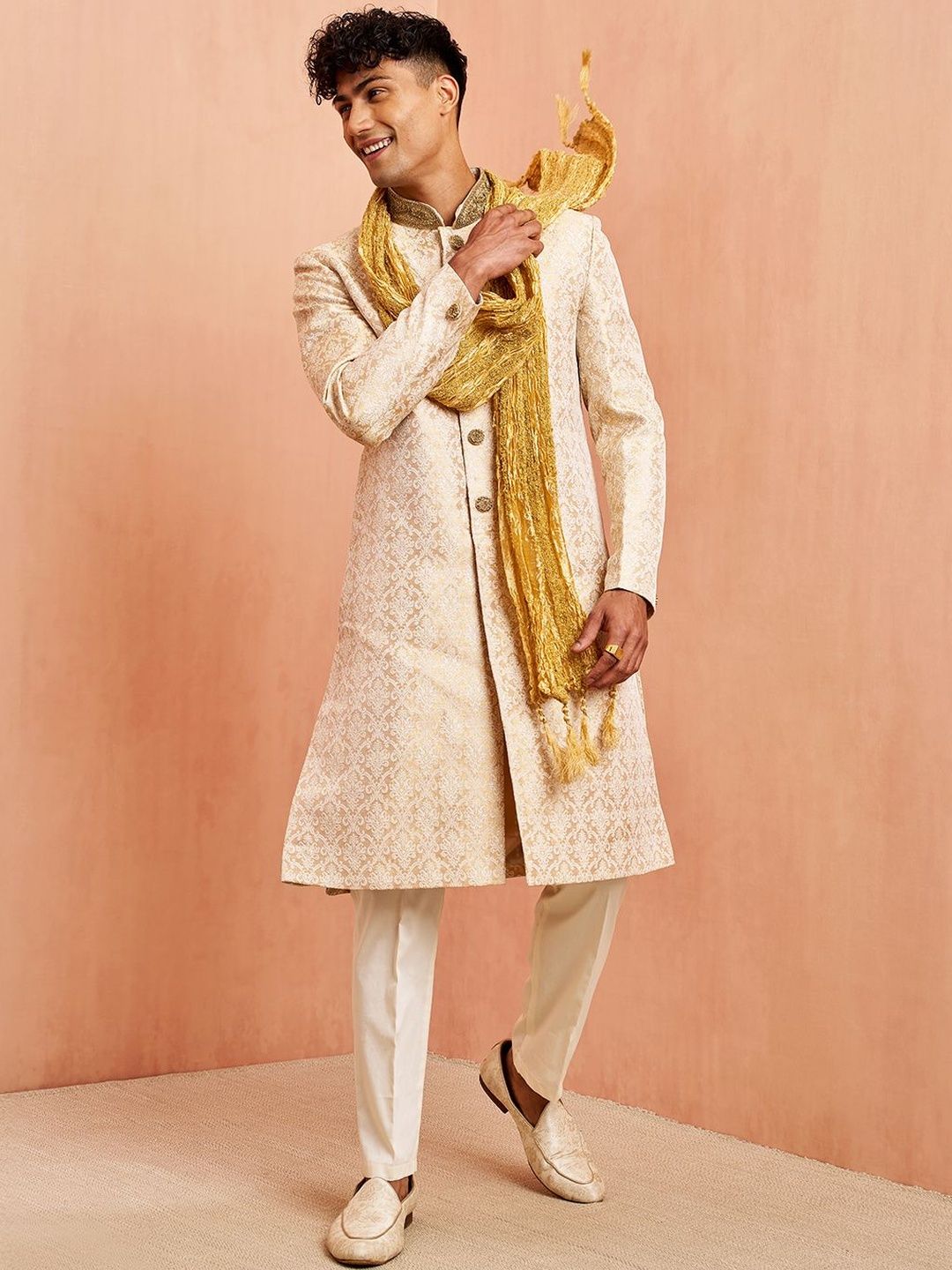 VASTRAMAY Embroidered Mandarin Collar Sherwani Set With Dupatta