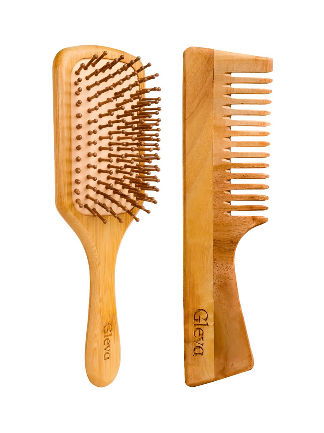 Gleva Set of 2 Neem & Bamboo Wooden Detangling Brush & Combs - Brown