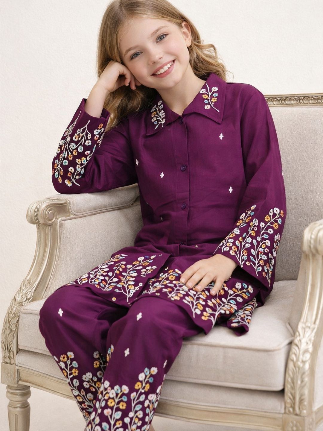 HOUSE OF IQF Girls Floral Embroidered Regular Thread Work Kurta with Pyjamas