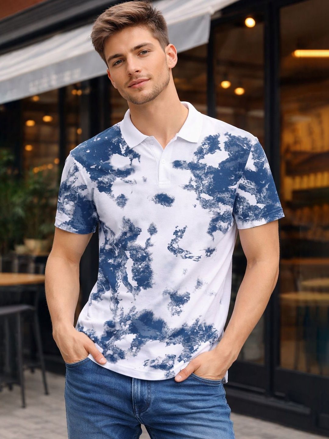 SZN Men Tie and Dye Dyed Polo Collar T-shirt