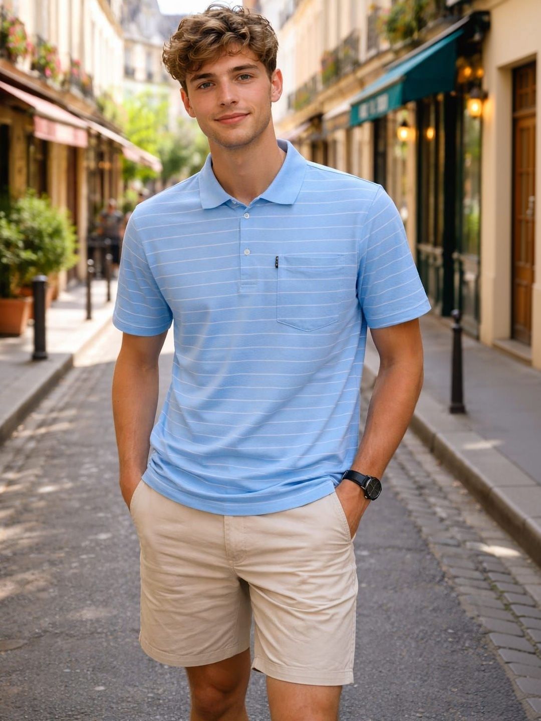 WILD ELEPHANT Men Striped Polo Collar Pockets T-shirt