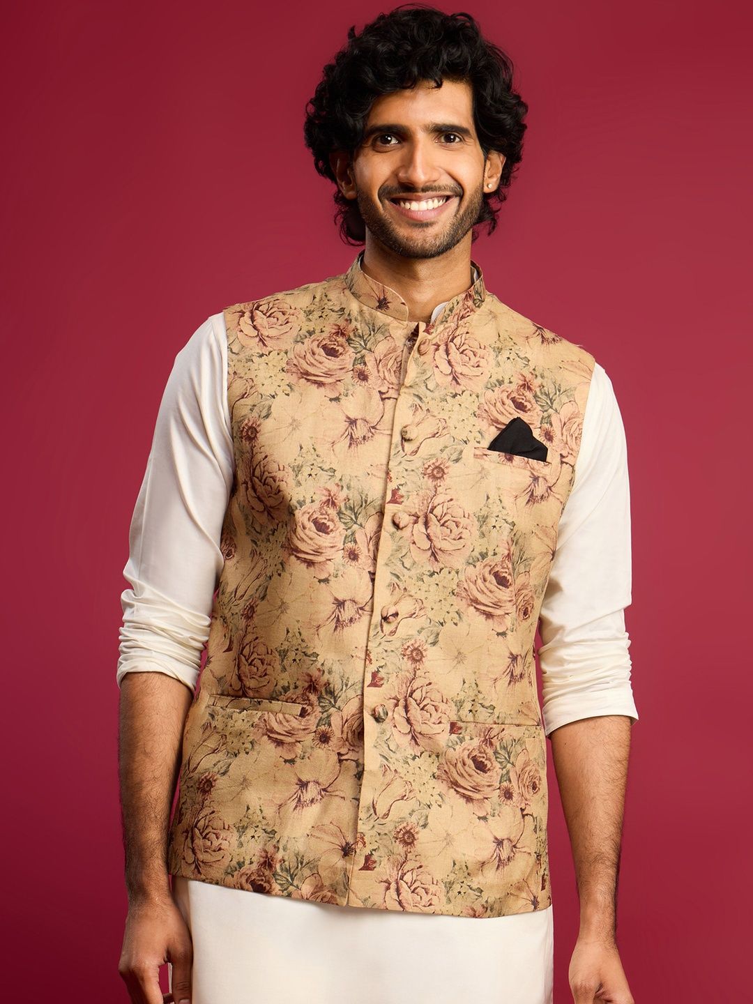 VASTRAMAY Printed Mandarian Collar Neck Woven Nehru Jacket
