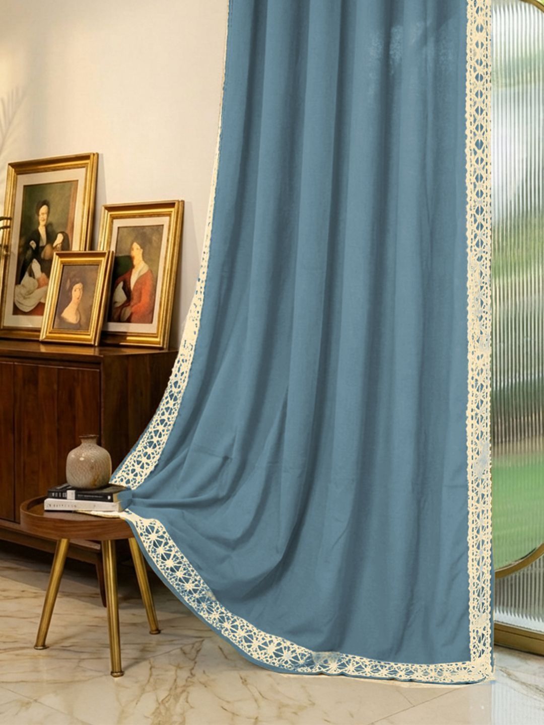 Cotton Window Curtain URBAN SPACE Blue & Cream-Coloured Embroidered Window Curtain