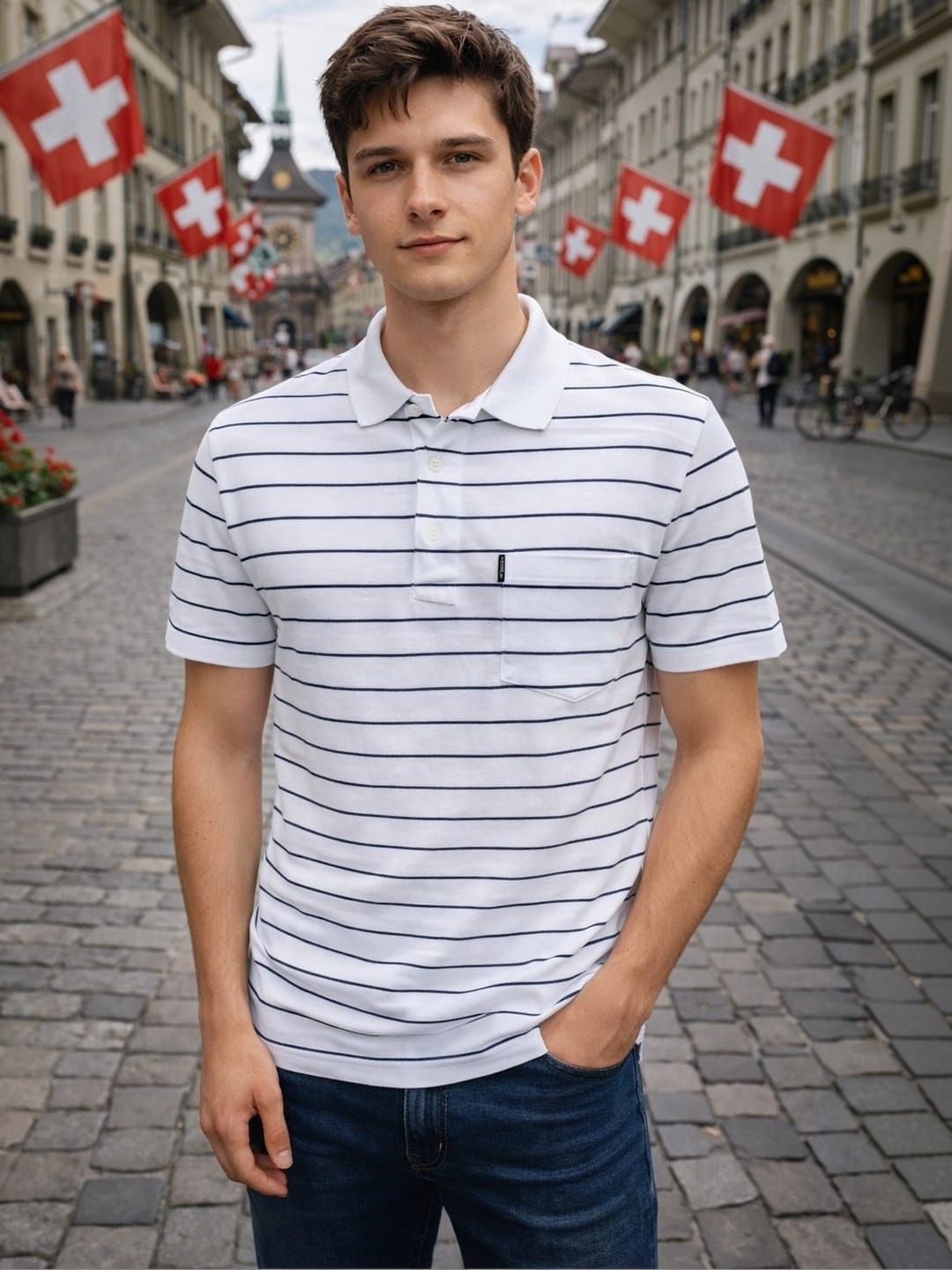 WILD ELEPHANT Men Striped Polo Collar Pockets T-shirt