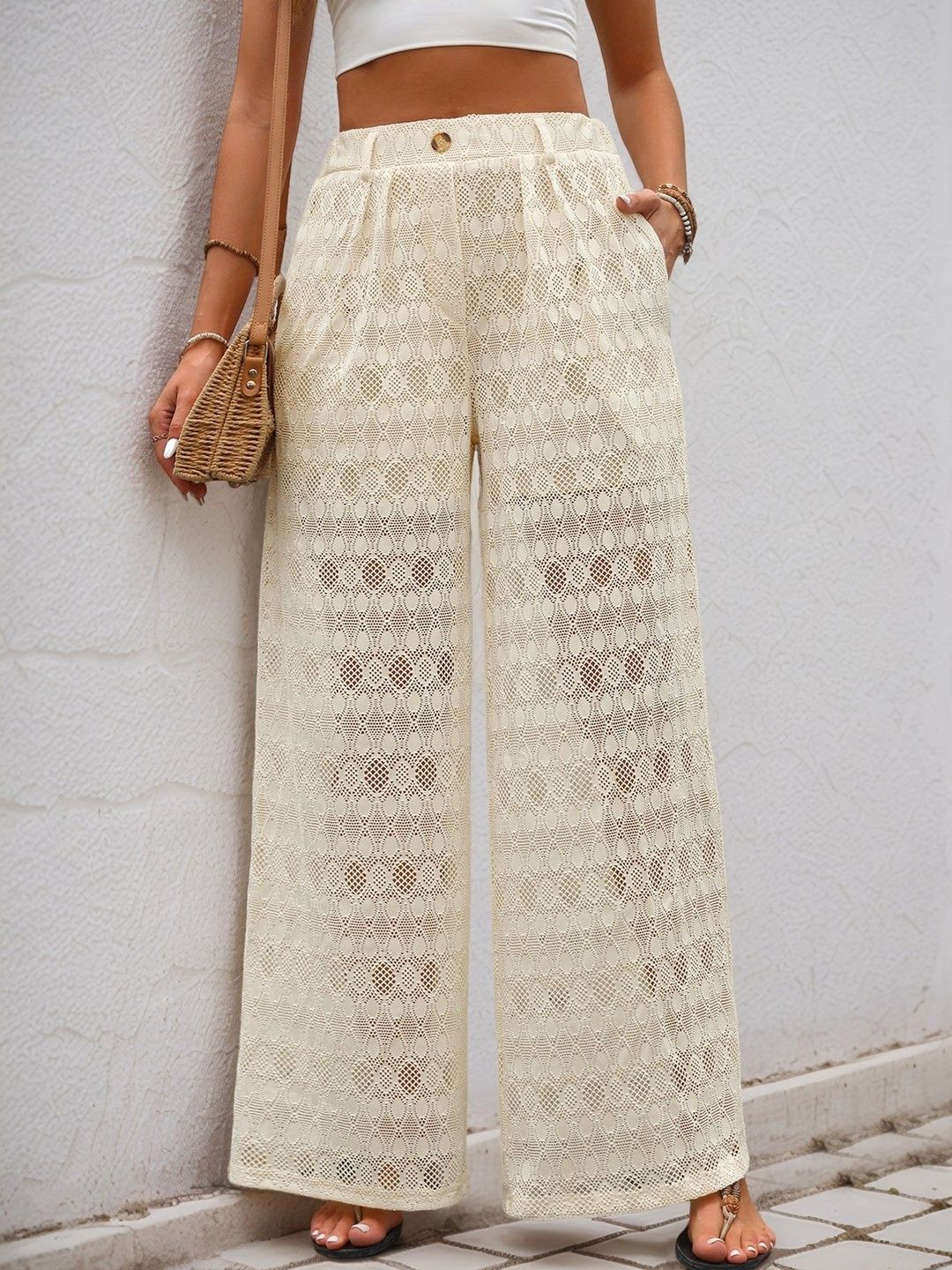 Outzidr Off White Lace Half Lined Pleated Pants