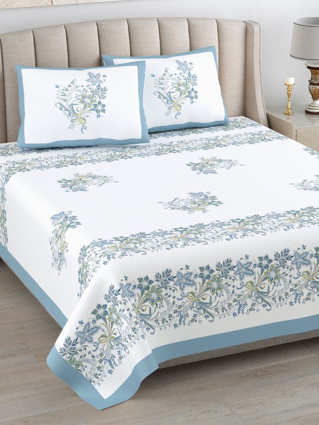 elanorhomes White Floral King Bedsheet with 2 Pillow Covers