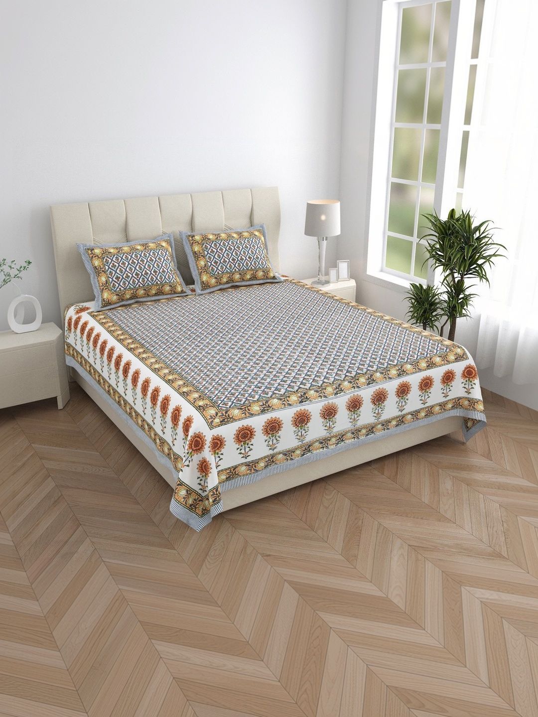 elanorhomes White & Blue Floral 240 TC King Bedsheet Fine With 2 Pillow Covers