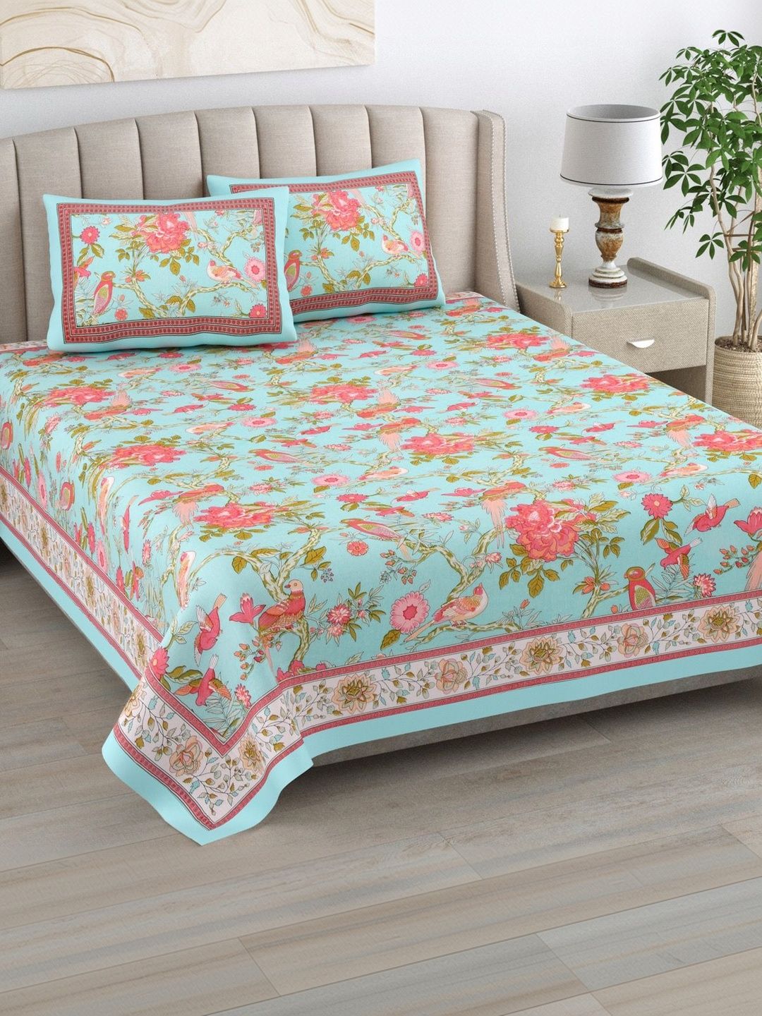 elanorhomes Blue Floral King Bedsheet with 2 Pillow Covers