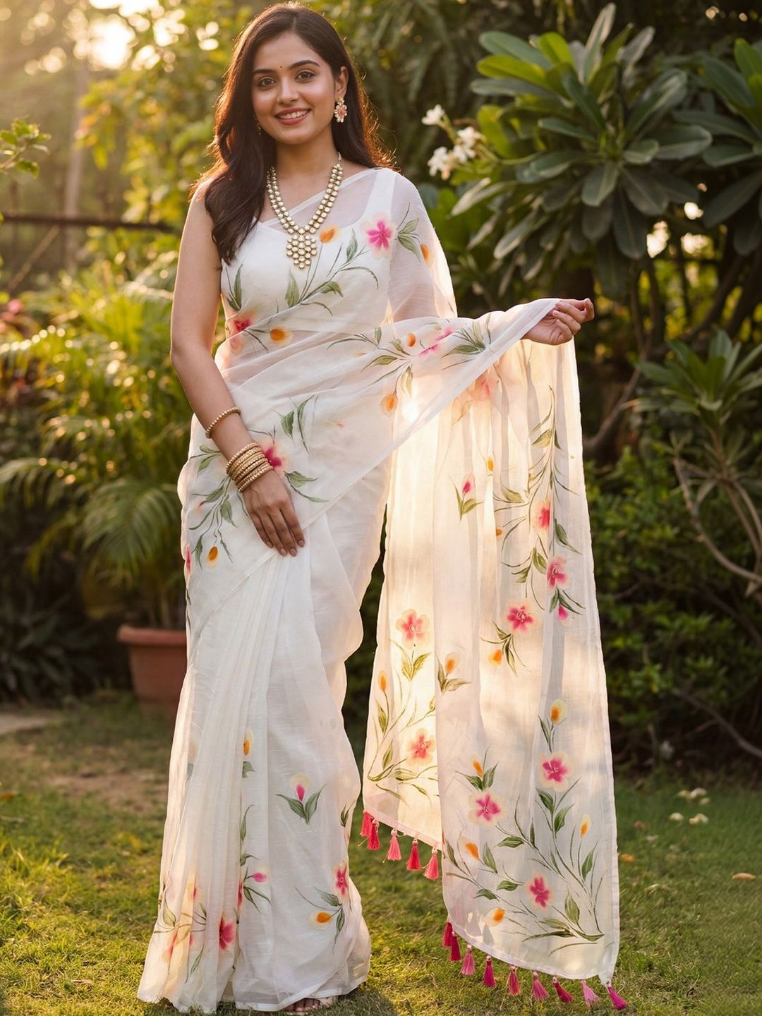 KALINI Floral Printed Pure Chiffon Saree With Blouse Piece
