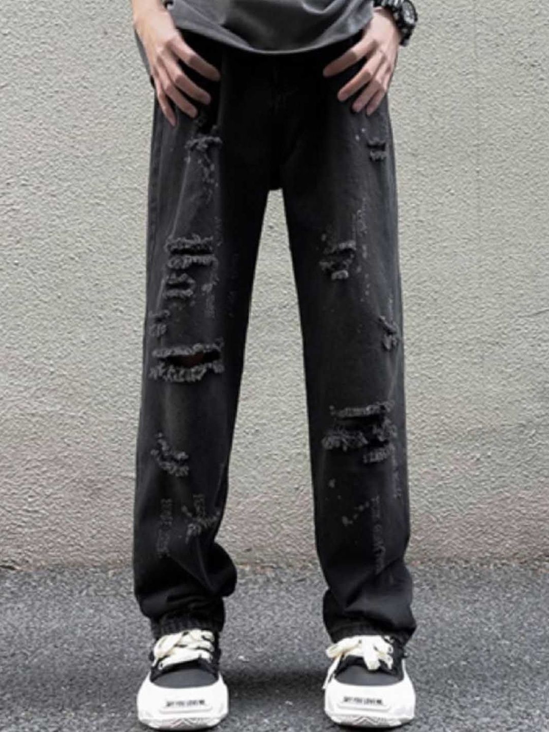 StyleCast Men Baggy Fit Mid-Rise Highly Distressed Dark Jeans