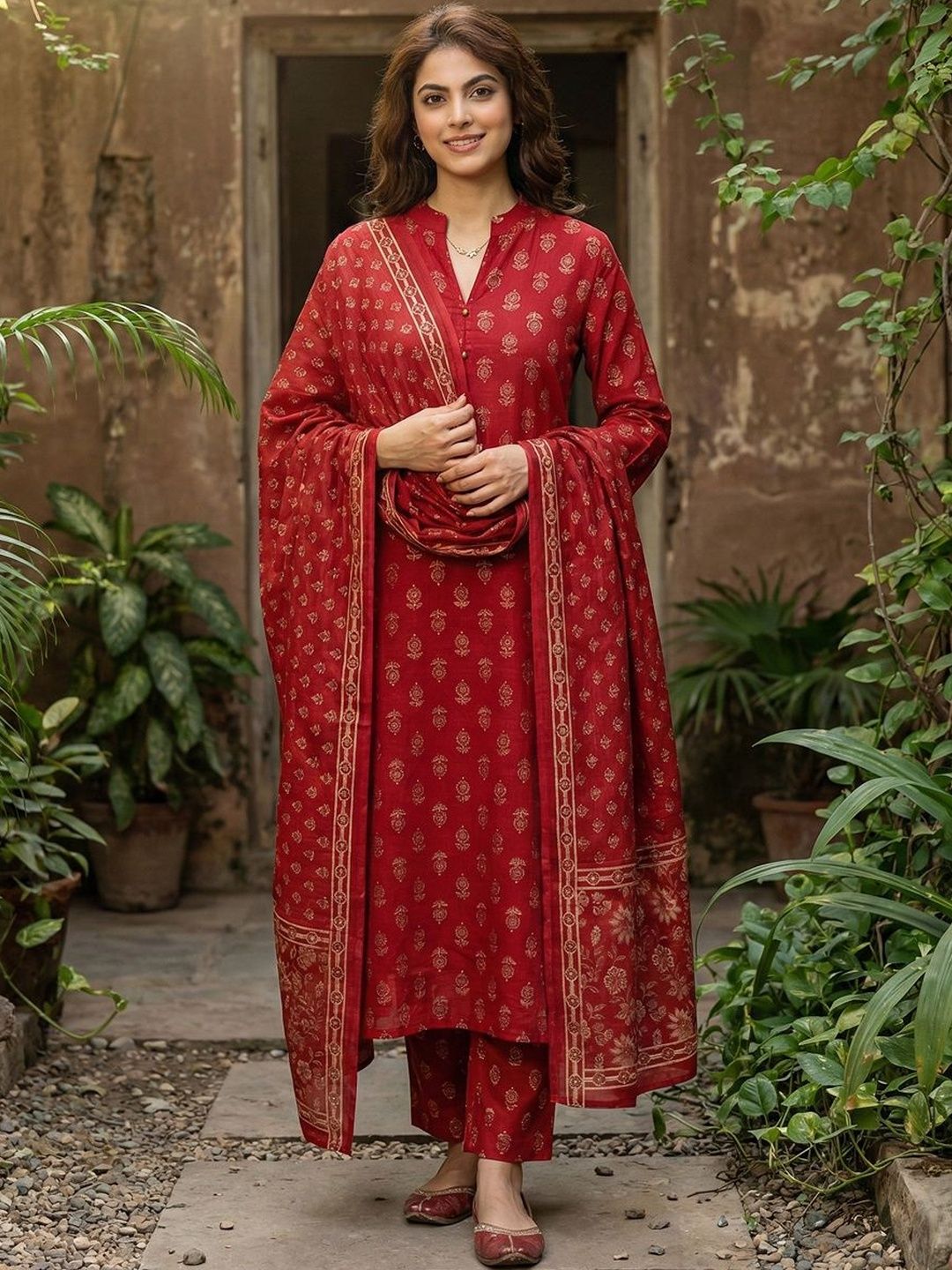 Anouk Women Ethnic Motifs Printed Regular Pure Cotton Kurta with Trousers & With Dupatta