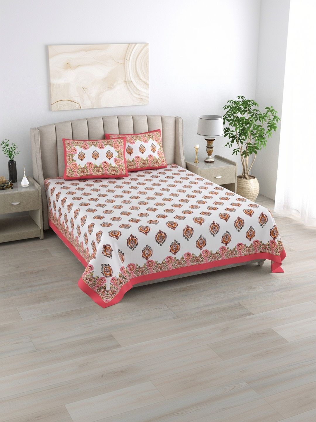 elanorhomes White Ethnic Motifs King Bedsheet with 2 Pillow Covers