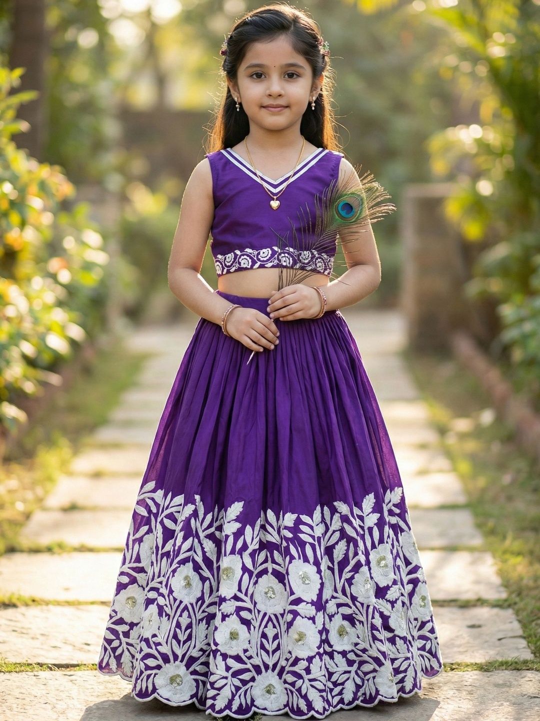 KALINI Girls Embellished Thread Work Ready to Wear Lehenga &
