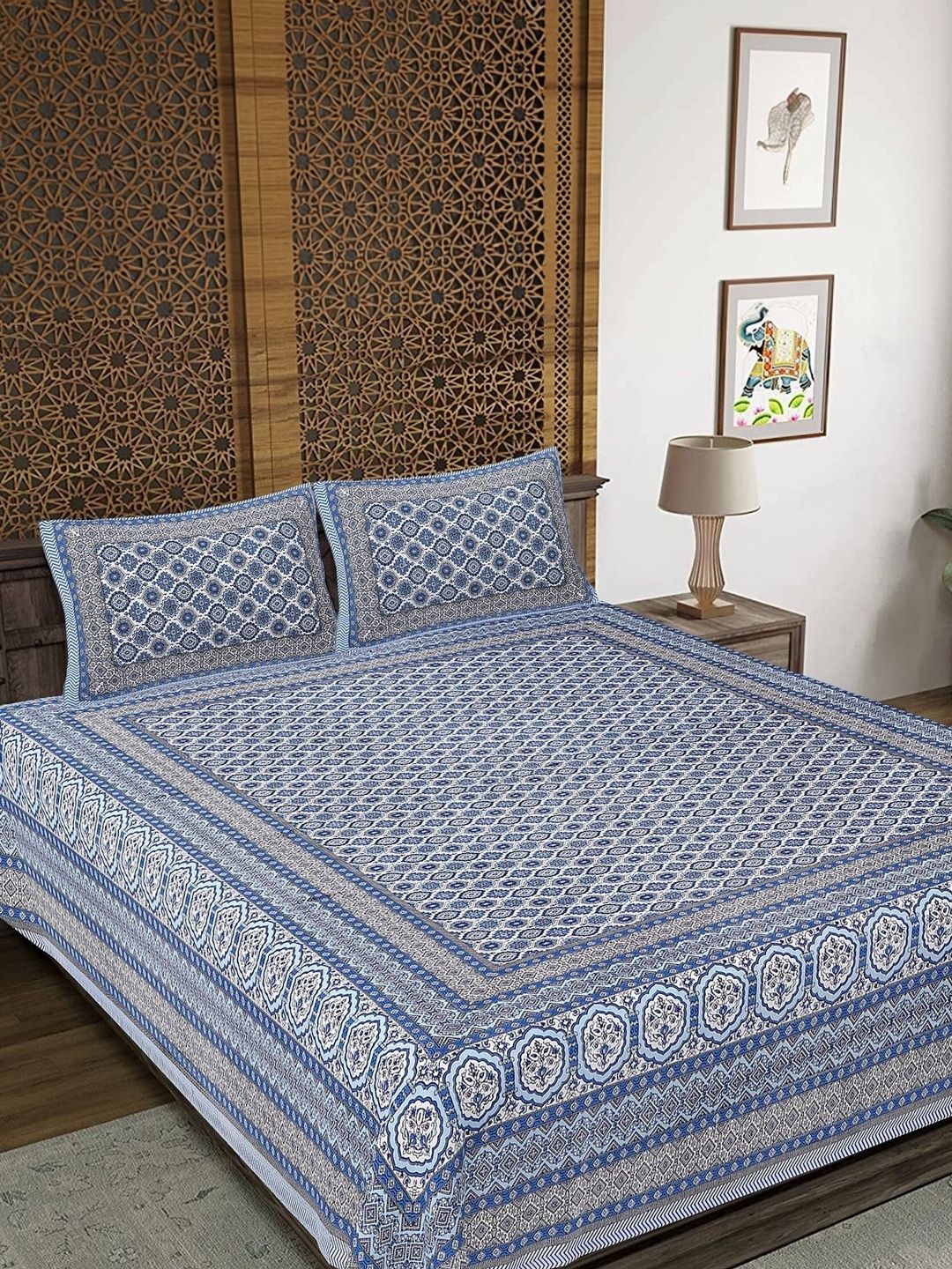 elanorhomes Blue Ethnic Motifs King Bedsheet with 2 Pillow Covers