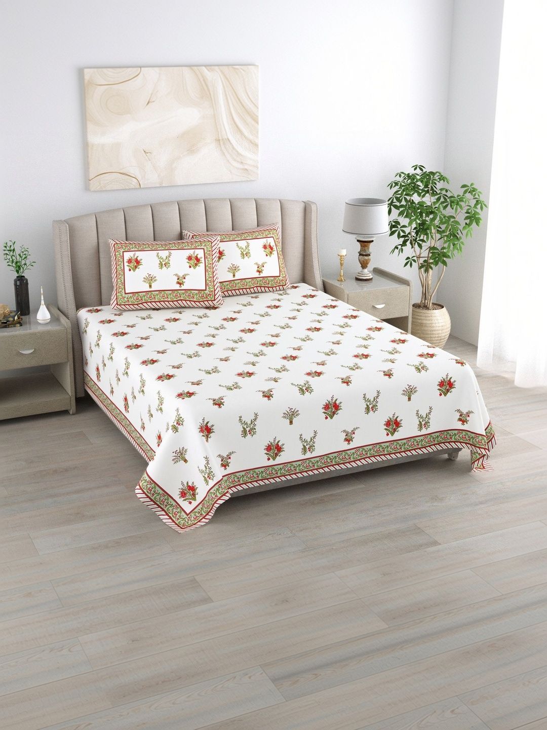 elanorhomes White Floral King Bedsheet with 2 Pillow Covers