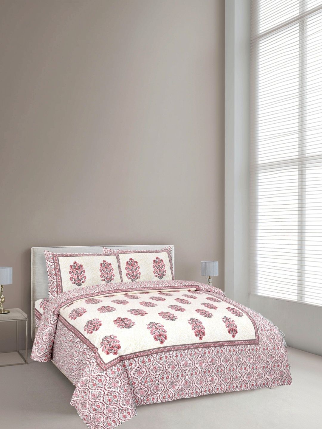 elanorhomes Cream-Coloured Floral 180 TC King Bedsheet with 2 Pillow Covers