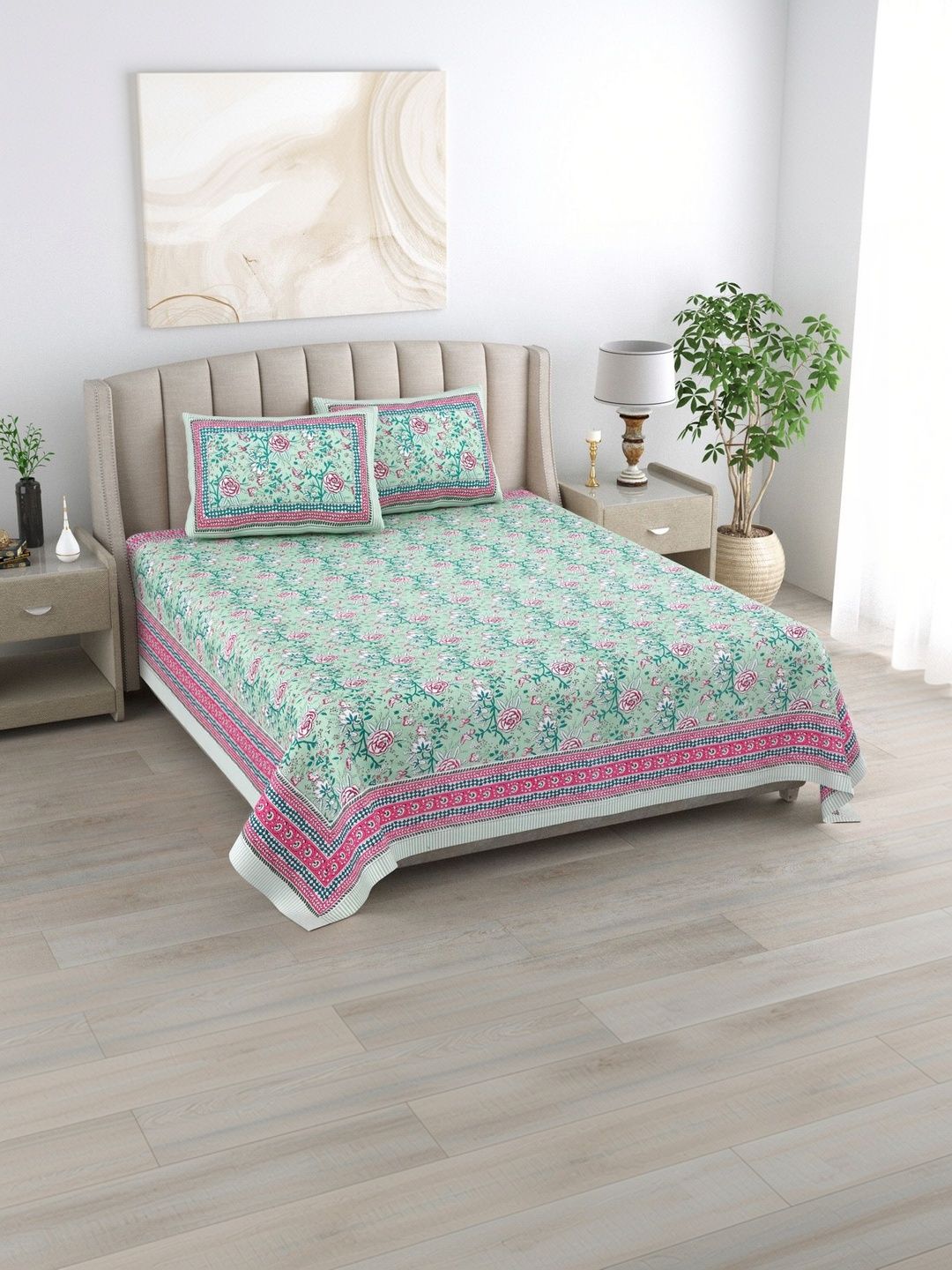 elanorhomes Green Floral King Bedsheet with 2 Pillow Covers