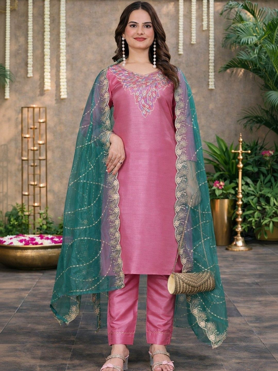 Klotden Women Ethnic Motifs Embroidered Regular Thread Work Kurta with Trousers & With Dupatta