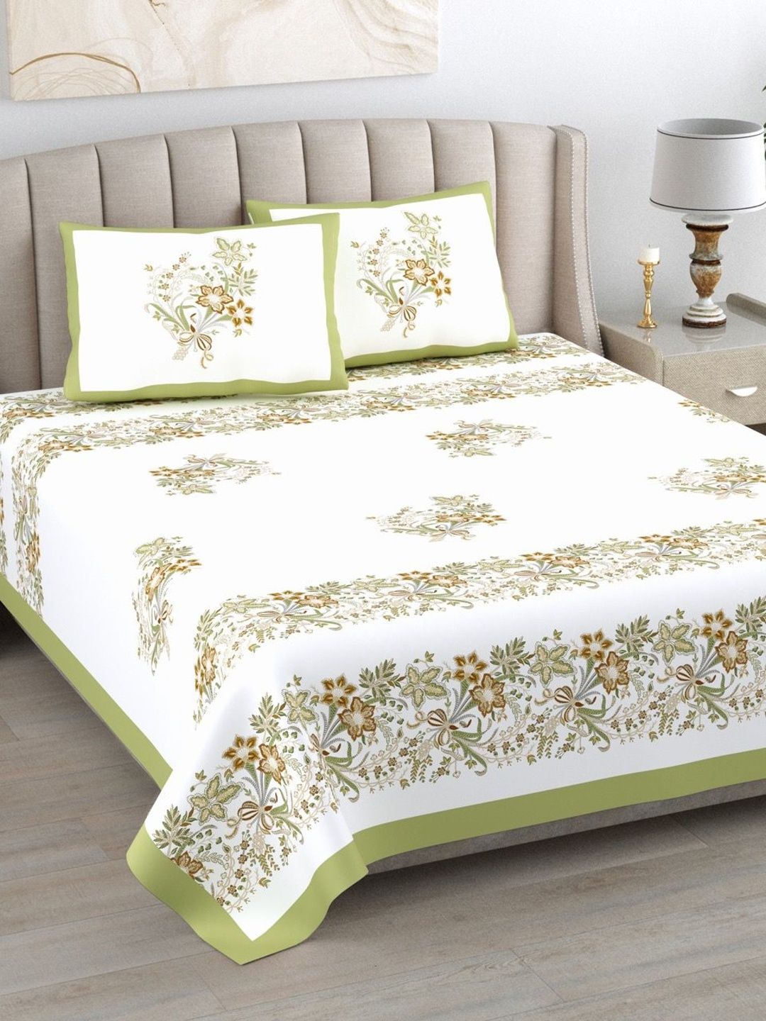 elanorhomes White Floral 240 TC King Bedsheet Fine With 2 Pillow Covers