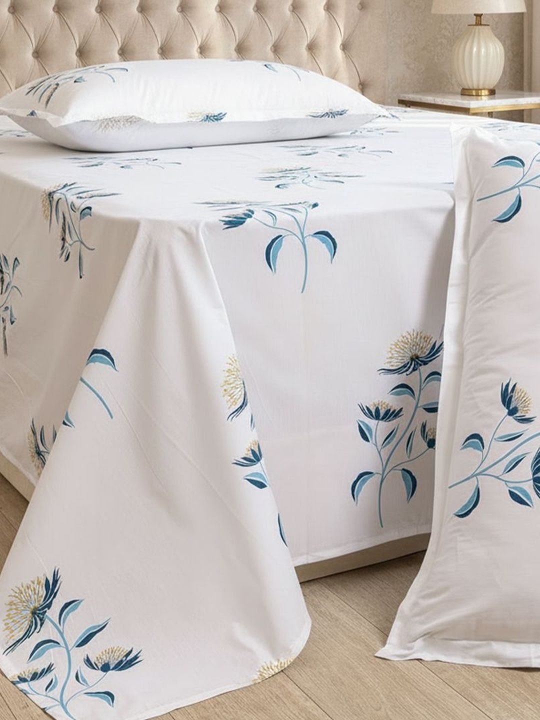 210 TC 2 Superfine Bedsheet with Pillow Covers HOMEMONDE White Floral 210 TC 2 Bedsheet with 2 Pillow Covers