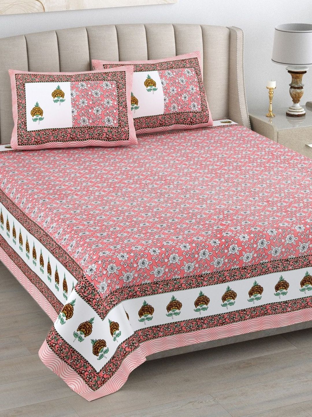 elanorhomes Pink Floral King Bedsheet with 2 Pillow Covers