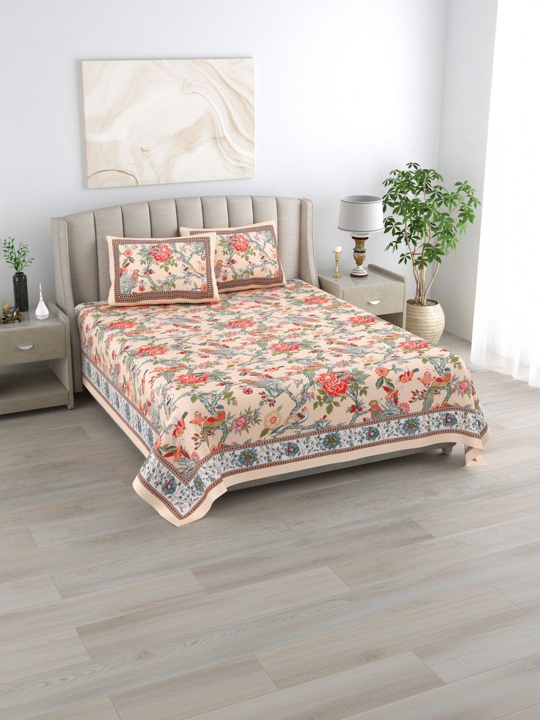 elanorhomes Cream-Coloured Floral King Bedsheet with 2 Pillow Covers
