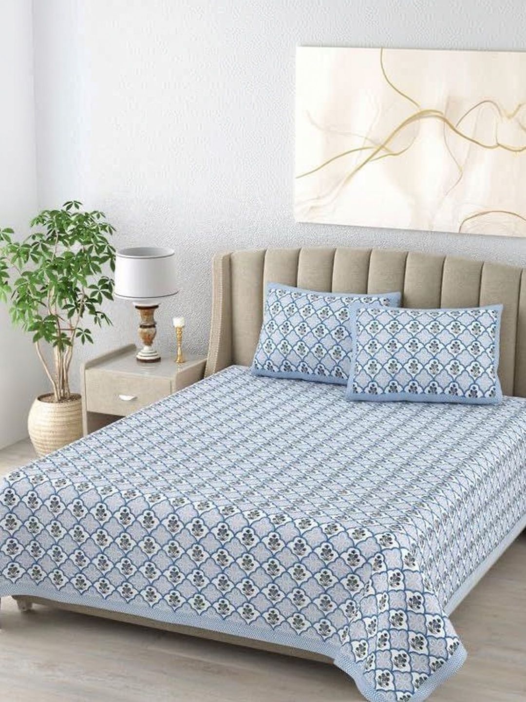 elanorhomes White Floral Bedsheet with 2 Pillow Covers