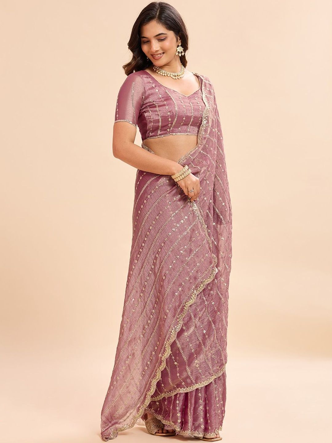 Kandora Embellished Sequinned Pure Chiffon Heavy Work Saree