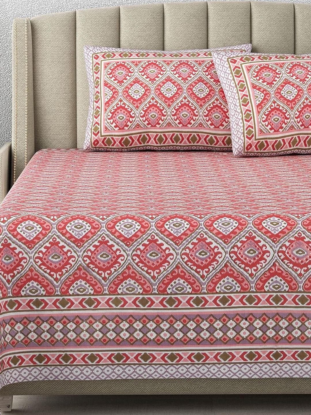 elanorhomes Pink Ethnic Motifs Bedsheet with 2 Pillow Covers