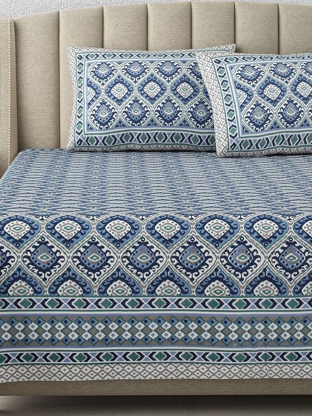 elanorhomes Blue Geometric King Bedsheet with 2 Pillow Covers
