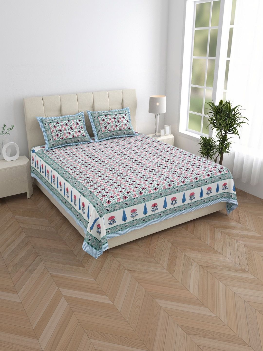 elanorhomes White & Blue Floral 240 TC King Bedsheet Fine With 2 Pillow Covers