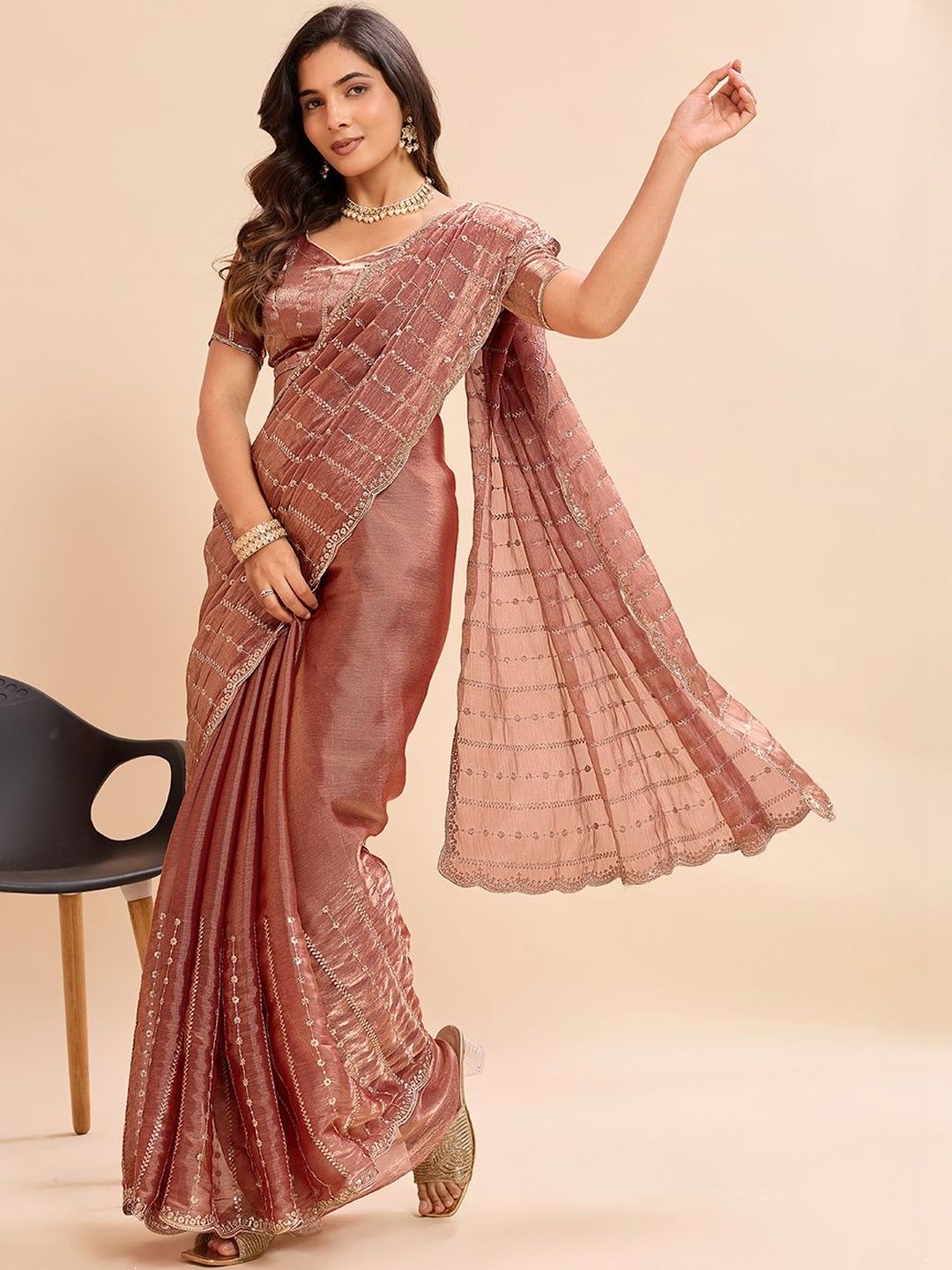 Kandora Embellished Sequinned Pure Chiffon Heavy Work Saree