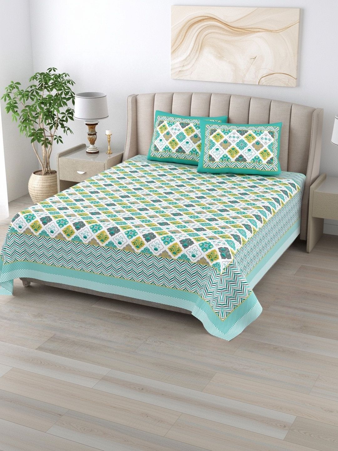elanorhomes White Geometric 240 TC Double Bedsheet With 2 Pillow Covers 92.9
