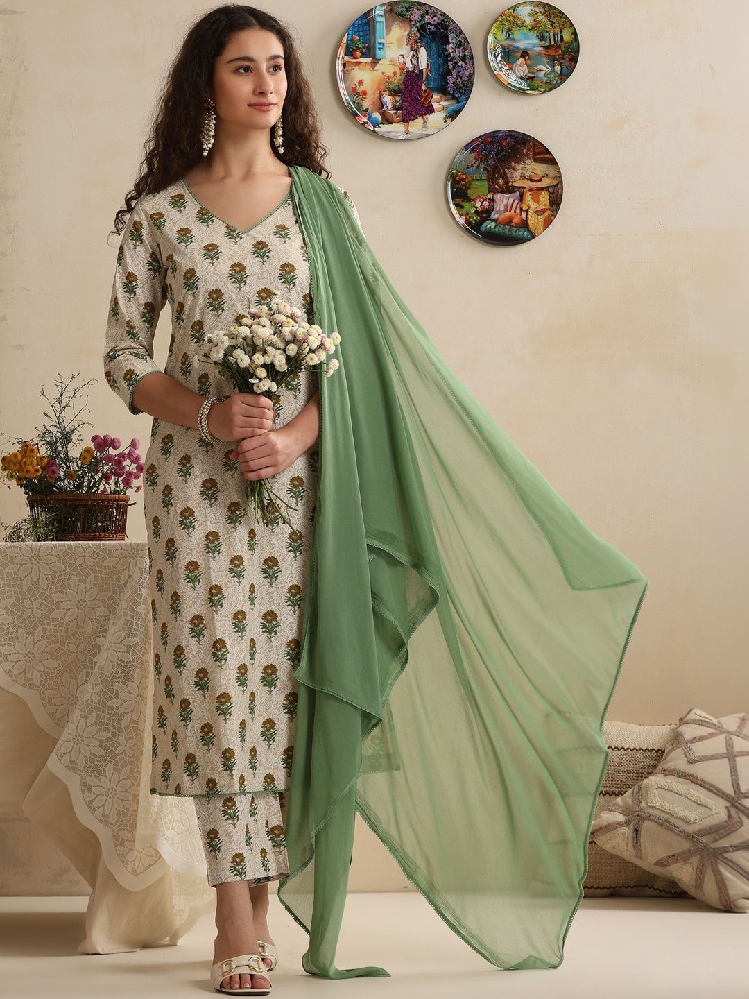 Khushal K Khushal K Women Ethnic Motifs Printed Regular Pure Cotton Kurta with Trousers & With Dupatta
