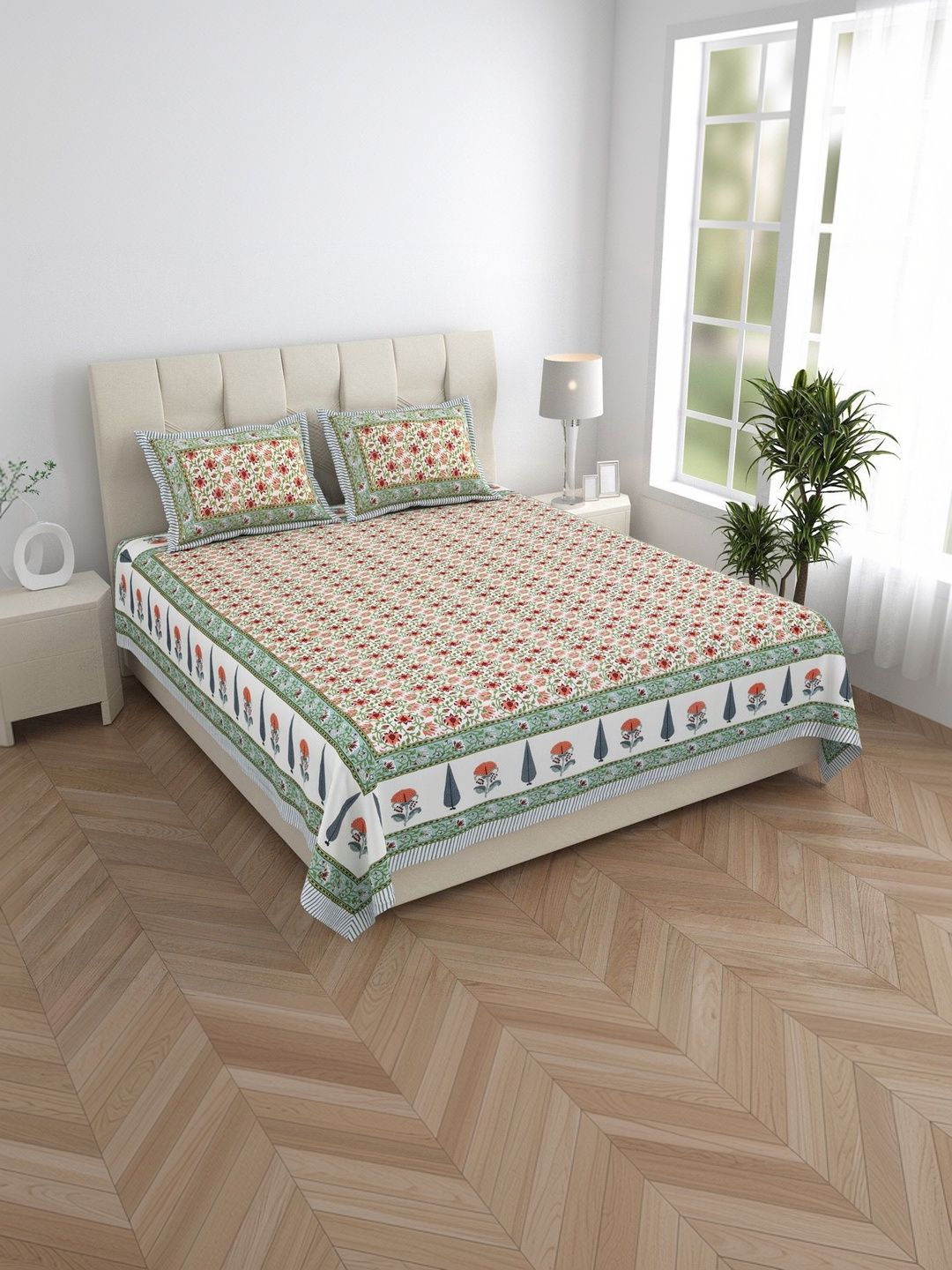 elanorhomes White Floral King Bedsheet with 2 Pillow Covers