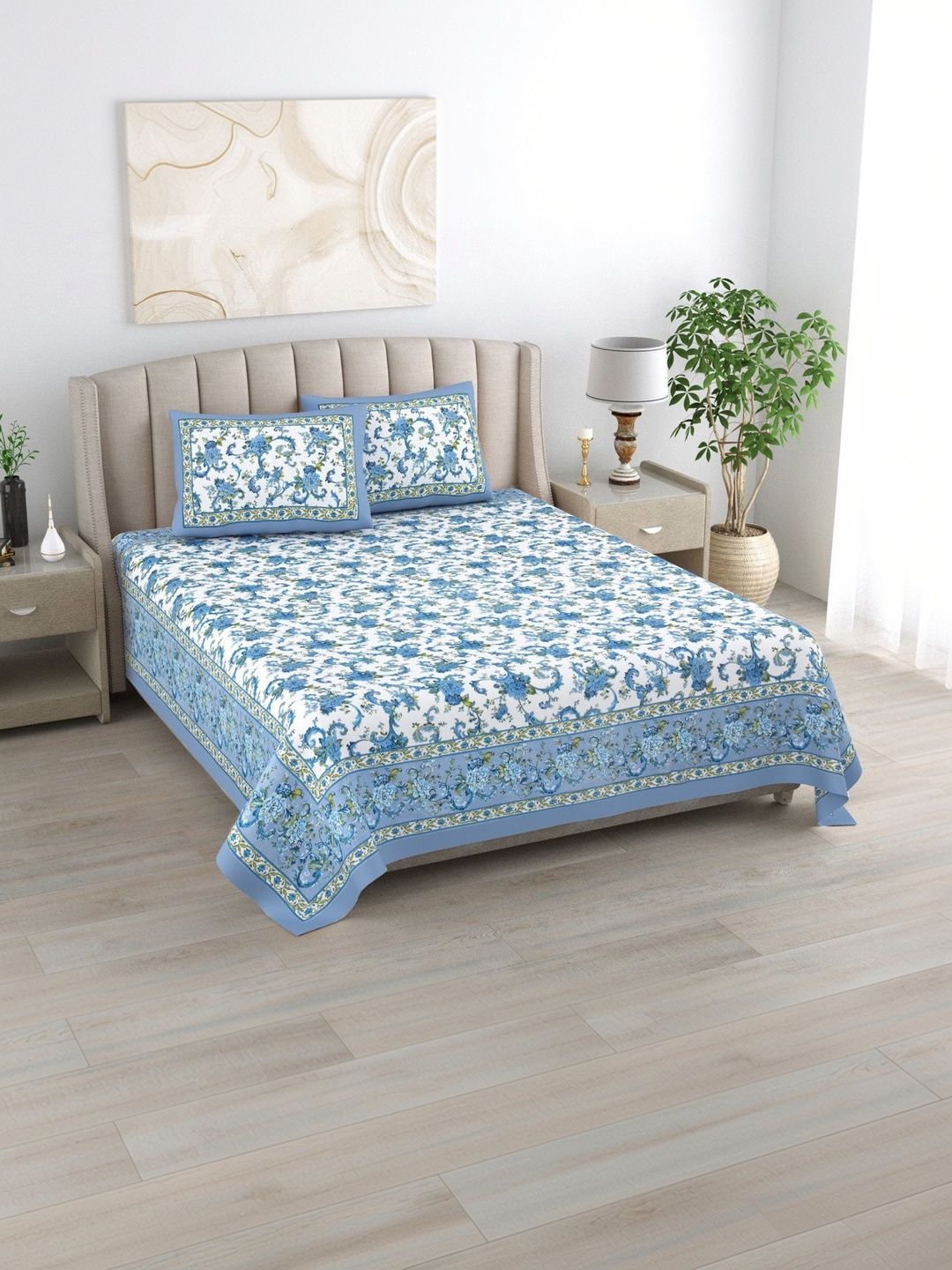 elanorhomes White Floral King Bedsheet with 2 Pillow Covers