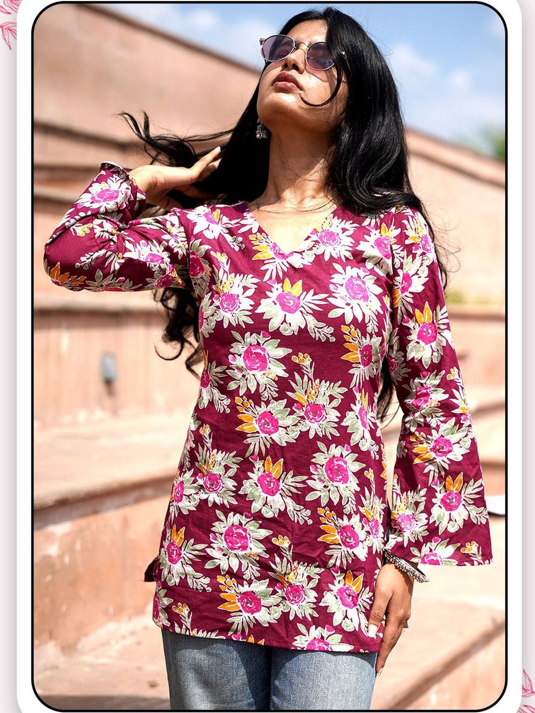 RAJAM Floral Printed V-Neck Pure Cotton Kurti
