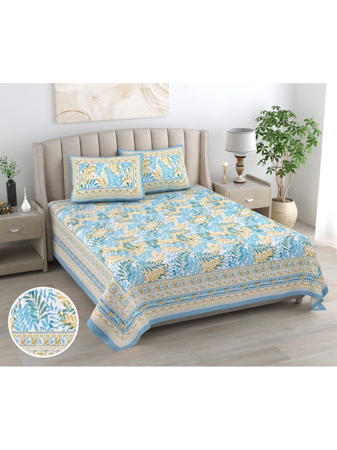 elanorhomes  Blue Leaf 240 TC King Bedsheet Fine With 2 Pillow Covers