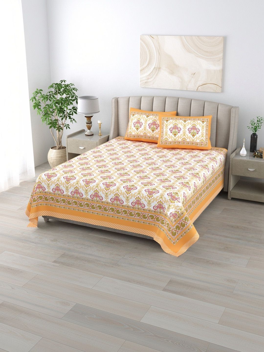 elanorhomes White Ethnic Motifs King Bedsheet with 2 Pillow Covers