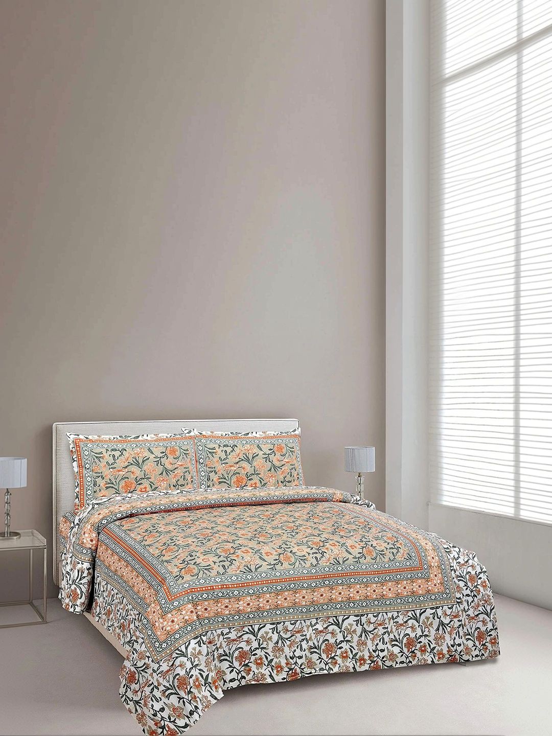 elanorhomes Beige Floral King Bedsheet with 2 Pillow Covers