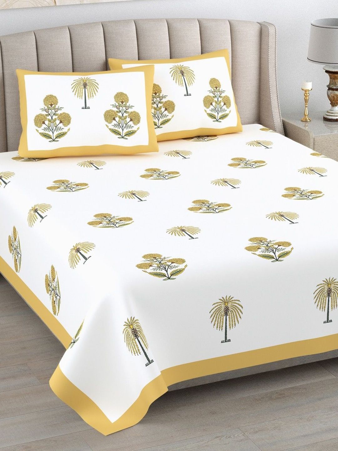 elanorhomes White Floral King Bedsheet with 2 Pillow Covers