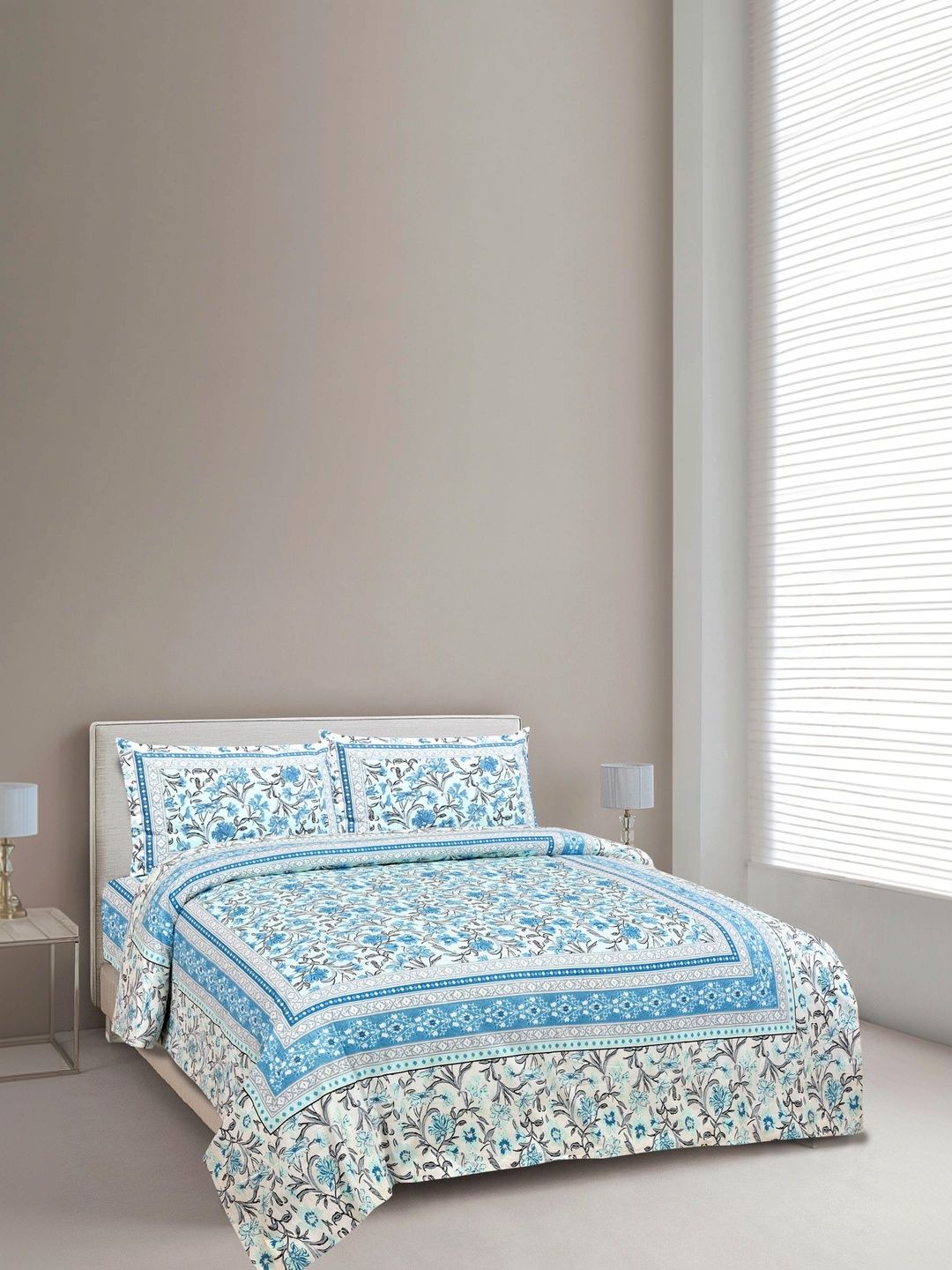 elanorhomes White Floral King Bedsheet with 2 Pillow Covers