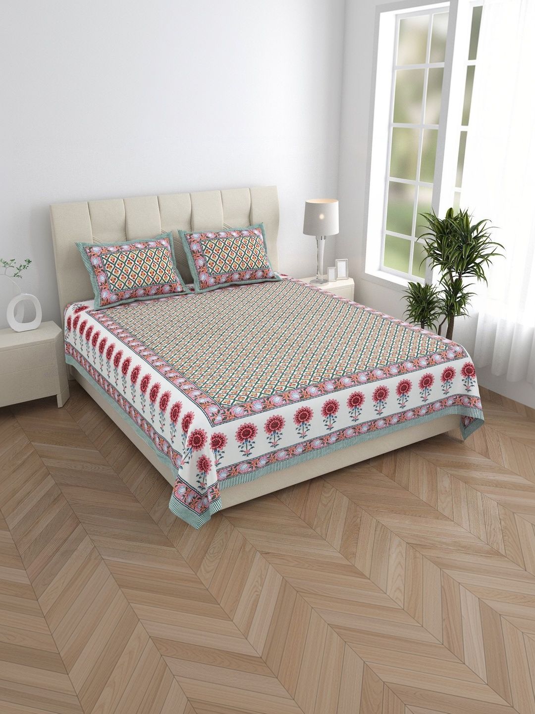 elanorhomes White Floral King Bedsheet with 2 Pillow Covers