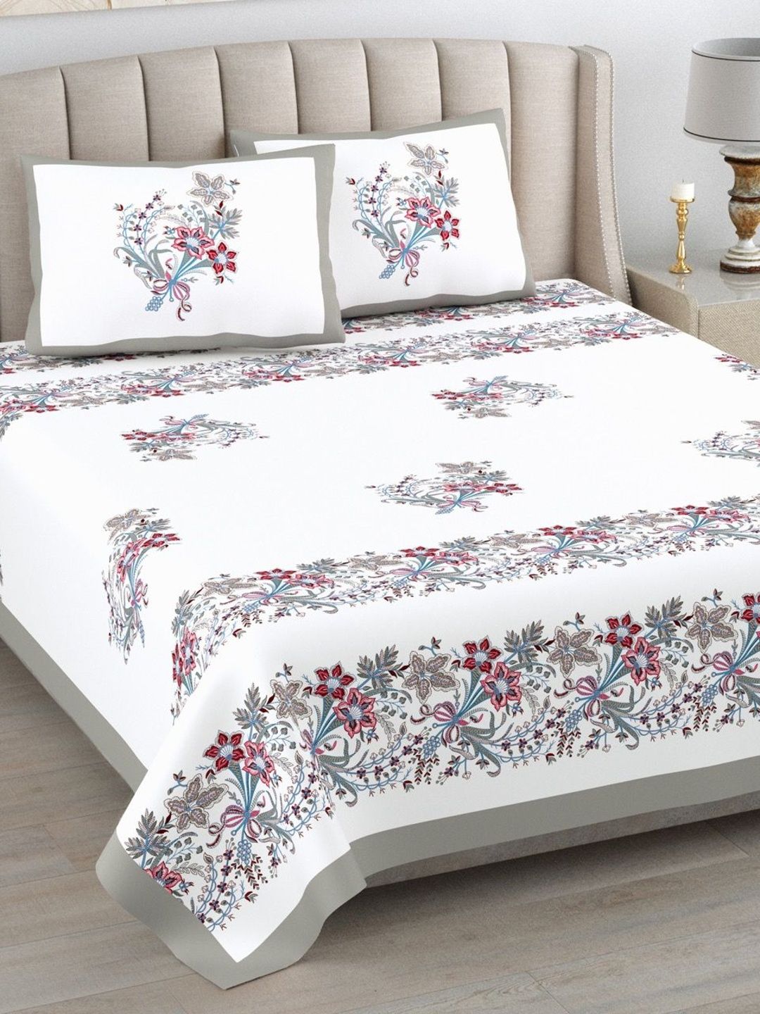 elanorhomes White Floral King Bedsheet with 2 Pillow Covers