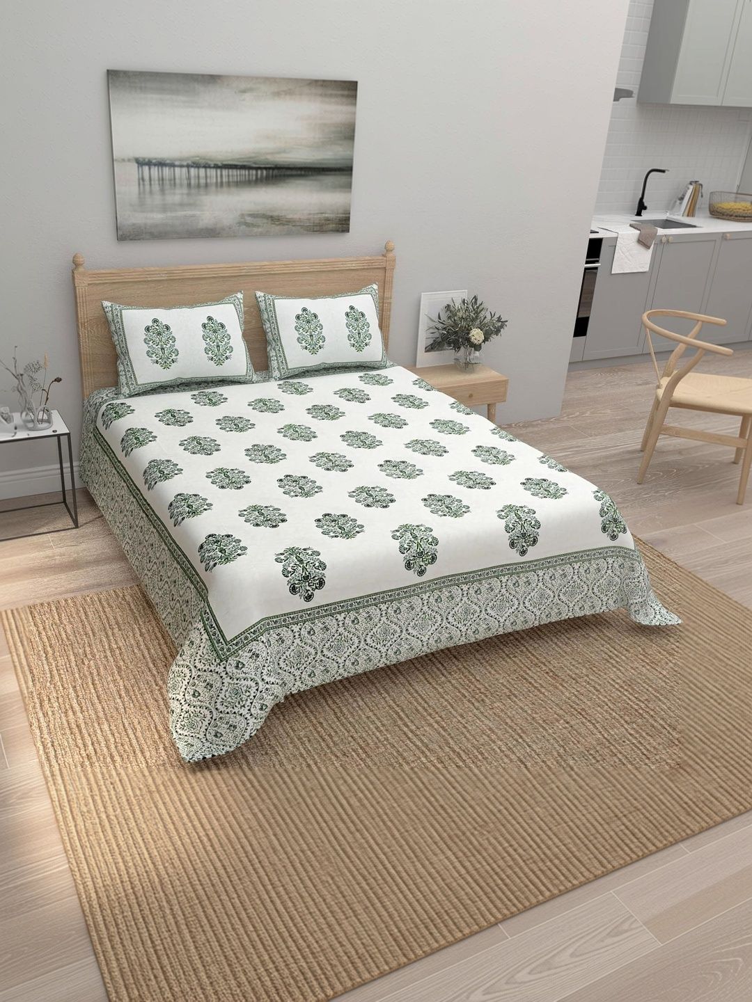 elanorhomes White Floral Bedsheet with 2 Pillow Covers