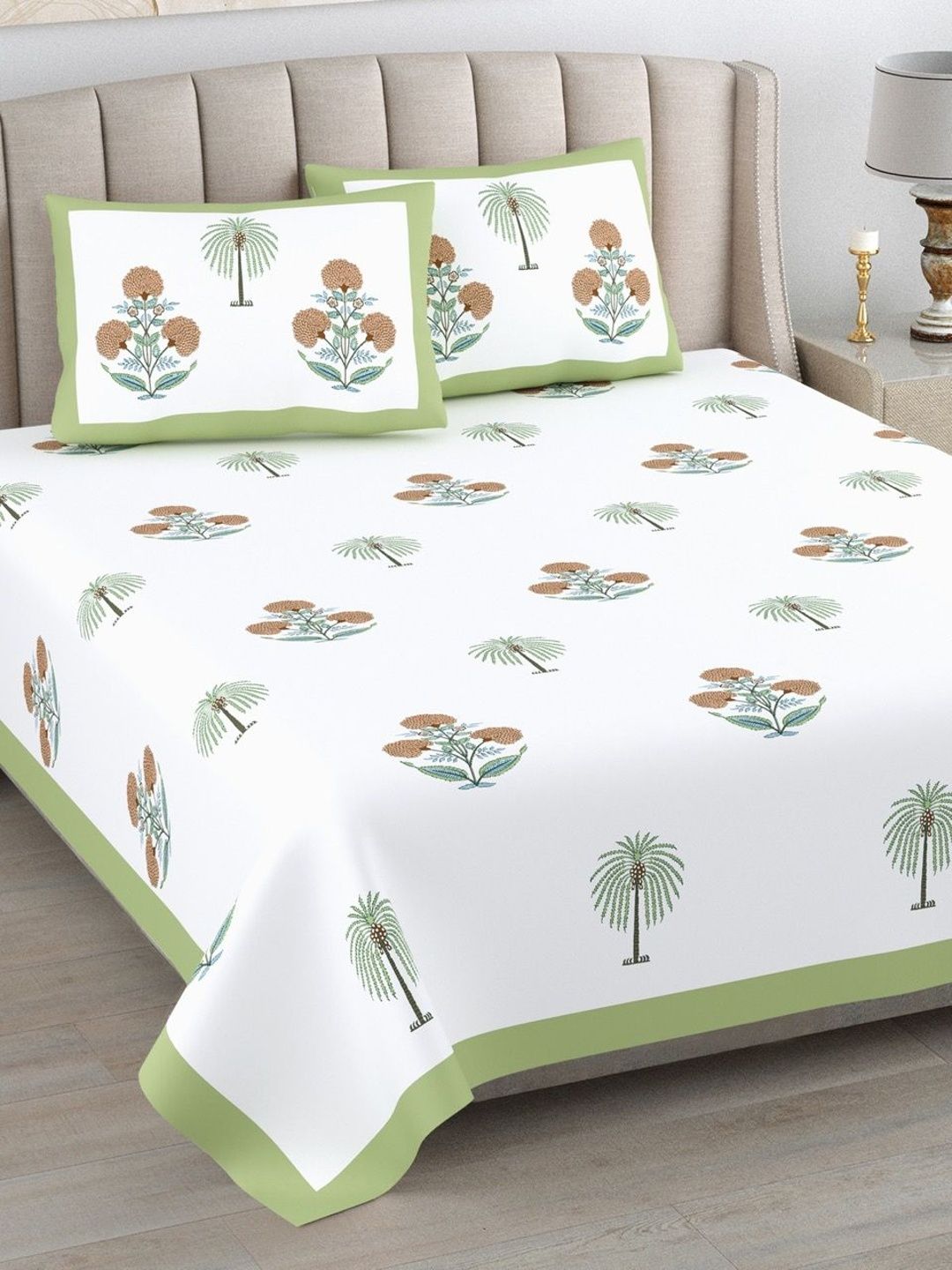 elanorhomes White Floral King Bedsheet with 2 Pillow Covers