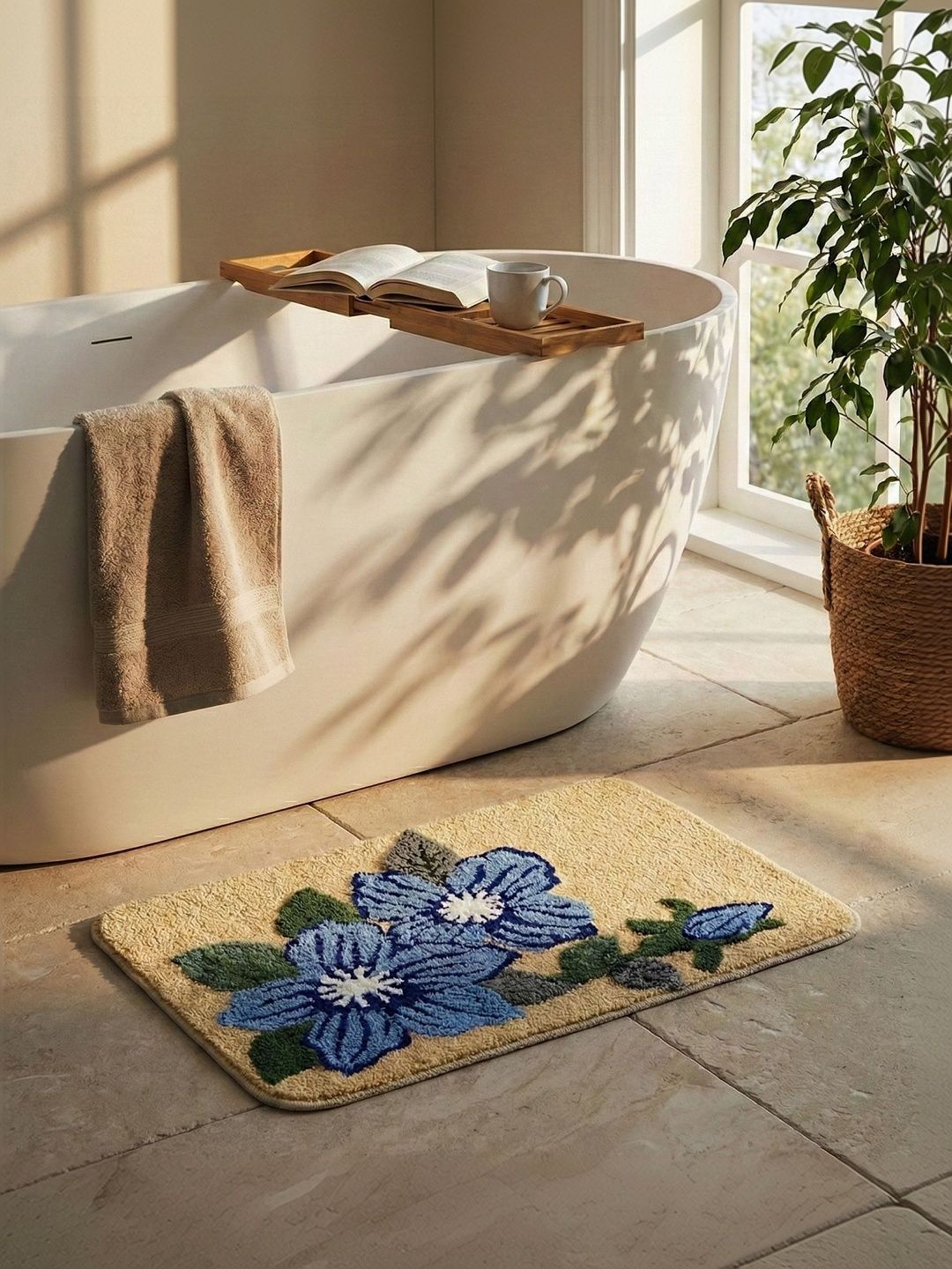 Saral Home Beige & Blue Floral 2050-GSM Anti-Skid Water Absorbing Quick Drying Bath Mat